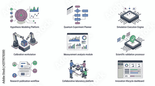 Collection of isometric illustrations representing scientific research and development concepts.