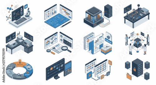 Isometric illustrations depicting various aspects of data analysis, technology, and scientific research.