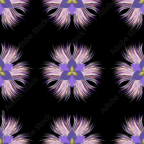 Obraz na plátne Elegant seamless floral pattern featuring applied art and contemporary ethnic elements with fluffy flower motifs on a solid black background