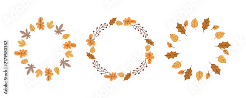 Autumn leaves wreath set vector botanical round frame collection with berries isolated on white background for thanksgiving invitation design