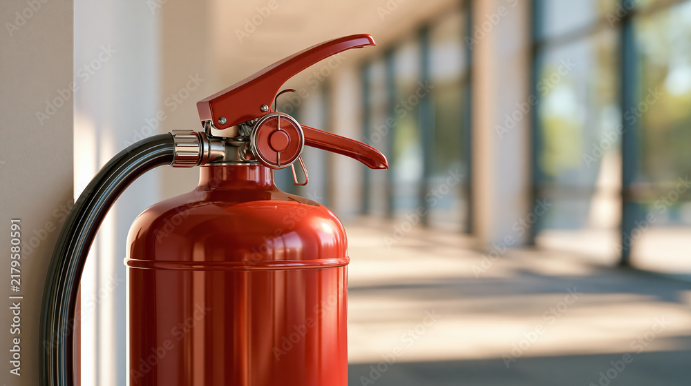 Obraz premium Red fire extinguisher beside sunlit window in modern building hallway, supporting emergency preparedness and workplace safety