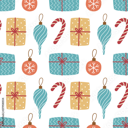 Christmas seamless pattern gift box candy cane bauble background vector template wrapping paper design
