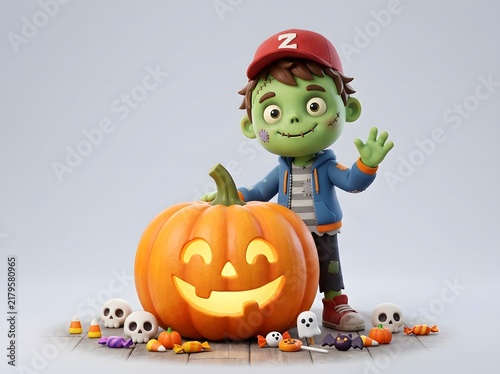 Cheerful cartoon zombie boy in cap waves beside glowing jack-o'-lantern with scattered Halloween candy and skulls on wooden floor