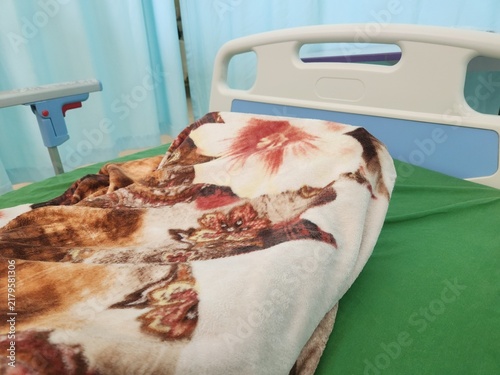Empty Hospital Bed with Patterned Blanket in Medical Room, Symbolizing Healthcare, Patient Care, and Clinical Recovery