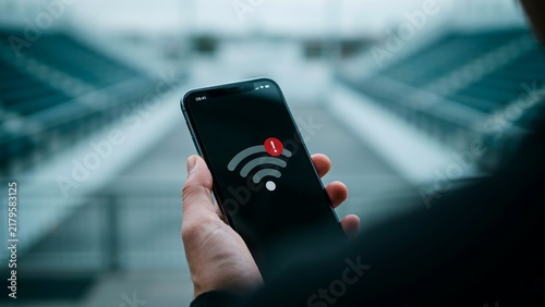 Person holding a smartphone displaying a wireless signal in front of a blurred cityscape