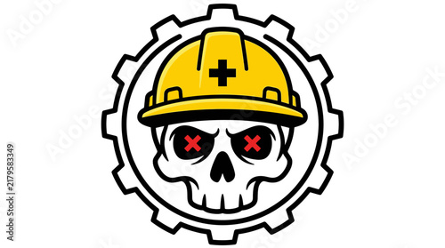 Industrial Safety Hazard Illustration Featuring a Skull Wearing a Hard Hat Gear