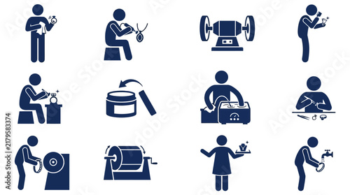 Jewelry manufacturing and polishing process icons set