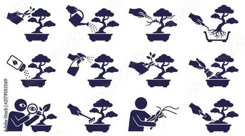Bonsai tree care and gardening tool icon set