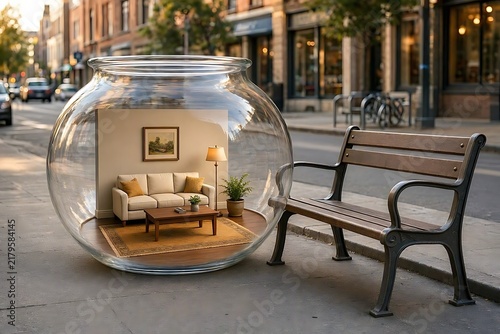 Miniature living room scene inside giant glass jar on urban sidewalk with wooden bench reflection