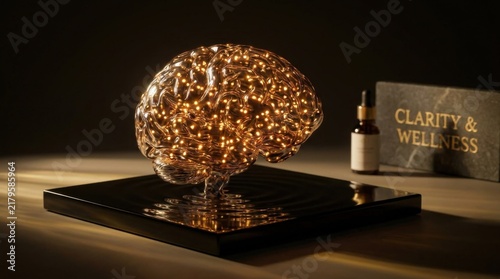 Illuminated Brain Sculpture with Fairy Lights on Reflective Stand