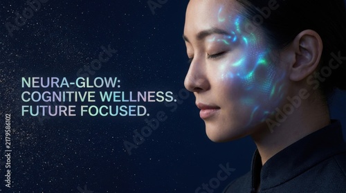 Futuristic Cognitive Glowing Neural Display on Woman Face Profile