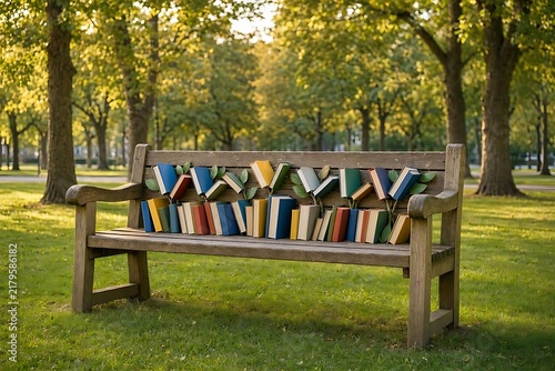 Empty wooden park bench with colorful cushions in sunny green urban park setting for relaxation