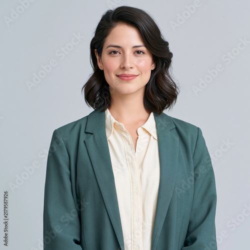 Latino Female Teacher Half Body Portrait On Gray Background