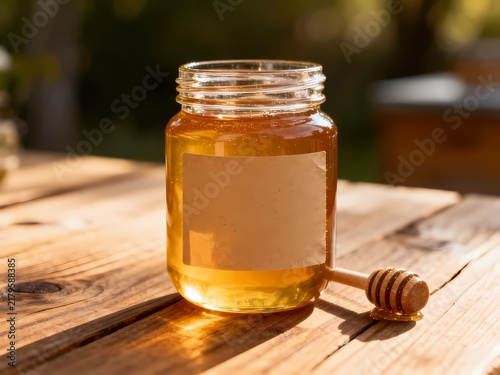 Jar of fresh golden honey with a wooden dipper on a rustic wooden table in natural sunlight
