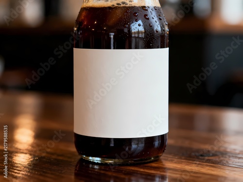 Glass bottle of dark cold brew coffee with condensation and blank white label on a wooden bar