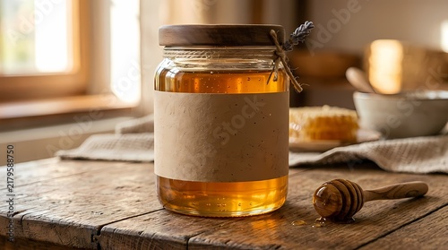 Glass jar of golden organic honey with blank paper label and wooden dipper on rustic wooden table