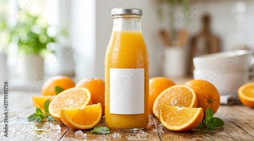 Glass bottle of fresh orange juice with blank white label surrounded by sliced and whole oranges on a rustic wooden table in a bright kitchen