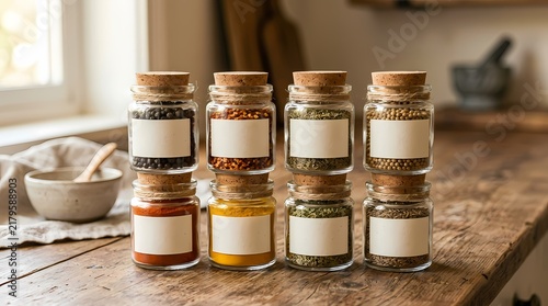 Row of glass jars filled with colorful spices and blank labels on a rustic wooden kitchen counter