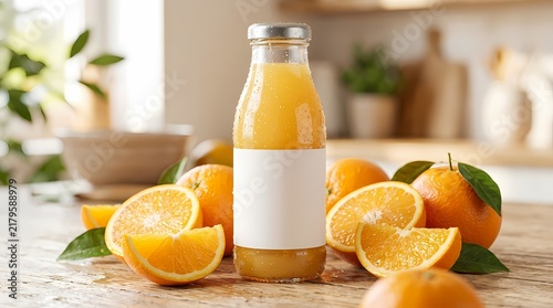 Freshly Squeezed Orange Juice in a Glass Bottle with Oranges and Leaves