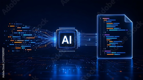 Fototapeta Artificial intelligence microchip processing raw data streams into formatted digital code document