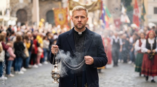 Catholic priest holding incense censer during religious procession. Christian clergyman in black cassock walking in outdoor festival