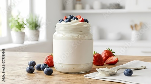 Close-up image of a jar of creamy yogurt topped with fresh blueberries and strawberries, a healthy breakfast option