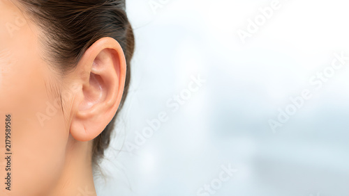 Human ear anatomy medical website banner with realistic outer and inner ear structures, clean clinical copy space for audiology, healthcare education, patient information, and hearing care design