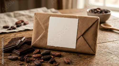 Handmade dark chocolate bar wrapped in brown kraft paper with a blank label surrounded by raw cocoa beans on a rustic wooden table