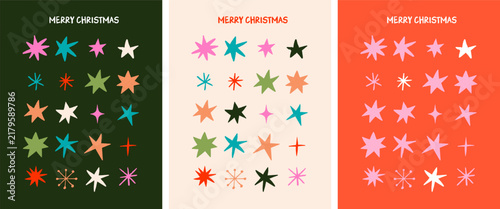 Colorful hand drawn Merry Christmas background. Greeting card and poster vector templates with decorative grid made from stars and snowflakes doodles