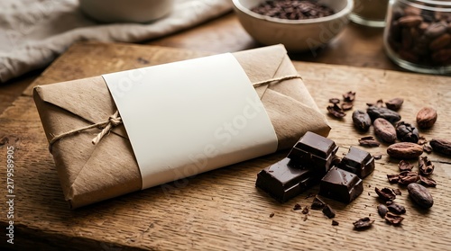 Delicious artisanal chocolate bar wrapped in rustic brown paper with a blank label and scattered cocoa beans and dark chocolate pieces