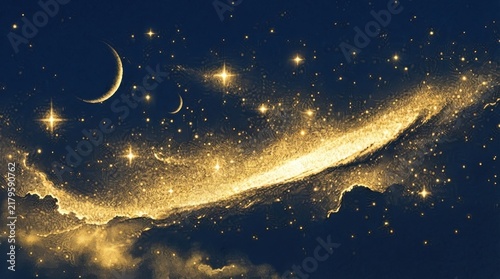 Starry Night Sky with Glowing Stars, Moon, Galaxy, Nebula and Cosmic Light, Abstract Blue Space Background for Astronomy, Universe, Christmas and Fantasy Themes