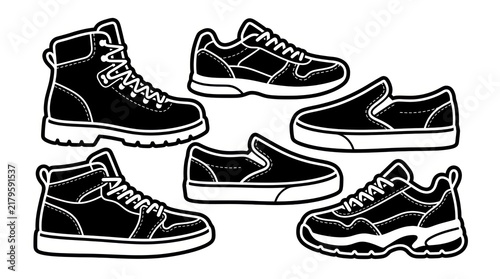 Collection of black and white shoe illustrations on a white background.