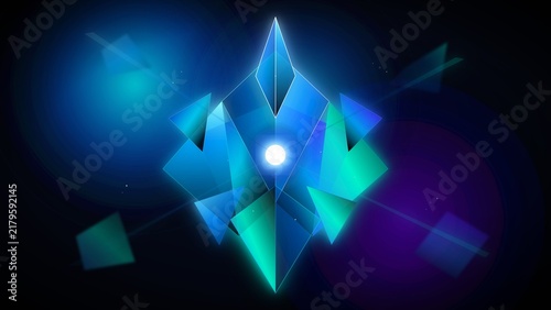 Konstfotografi Abstract geometric crystal shape glowing with vibrant blue and cyan light