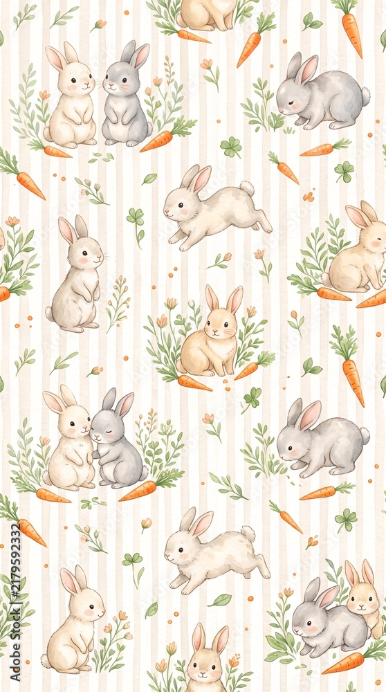 Naklejka premium Cute watercolor bunny and carrot seamless pattern
