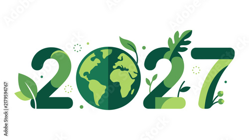 Green eco-friendly typography for 2027 with a globe and leaf on a white background, for environmental awareness, and sustainability projects