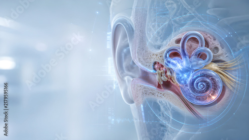 Meniere disease inner ear healthcare technology concept with realistic 3D anatomy, treatment planning interface and diagnostic visualization for medical education, radiology and patient education