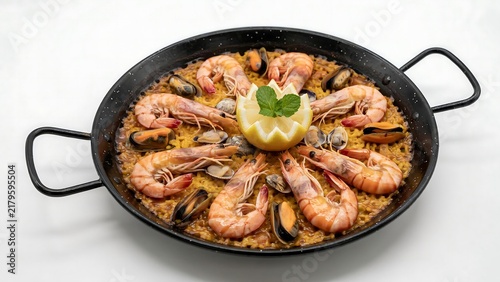 Traditional spanish seafood paella served in a black pan with lemon garnish