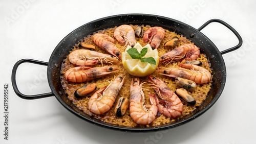 Authentic spanish seafood paella with prawns and mussels in iron pan