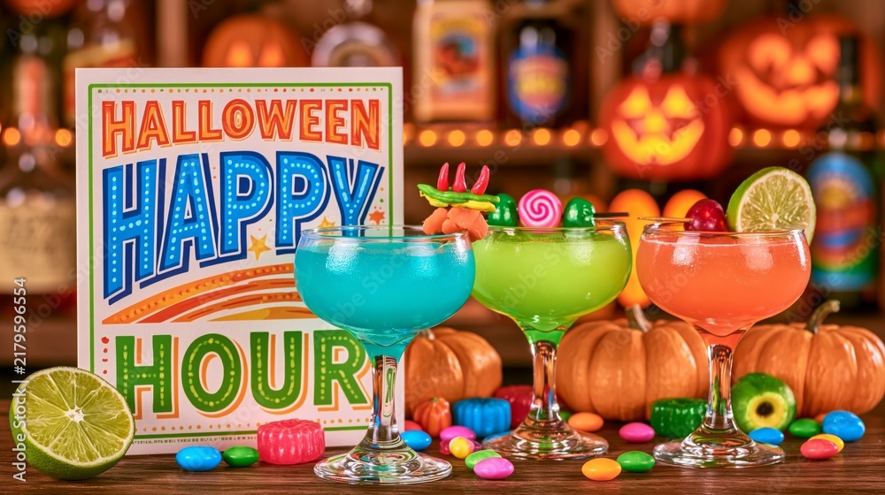 Obraz premium Halloween happy hour sign with colorful cocktails and candy on bar 