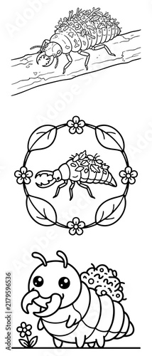 Aphid Lion Larva Coloring Page with Flower Wreath Frame Cute Bug Insect Illustration for Kids and Adults