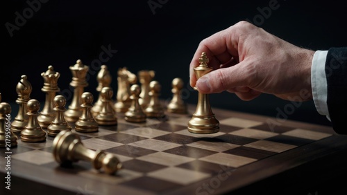 Obraz na płótnie Businessman wearing formal suit carefully moves a shiny gold chess king piece ac