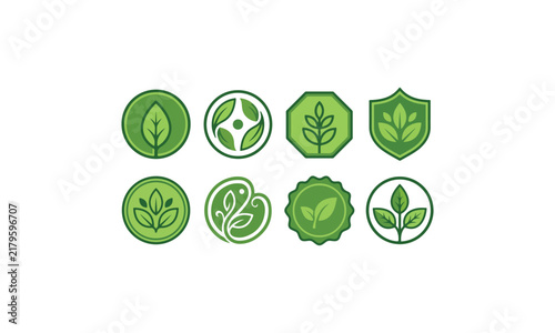 Collection of eight green leaf logos and environmental badges in geometric frames for organic branding and sustainable design