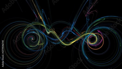 Abstract glowing neon spiral vortex and energetic light trails on black background