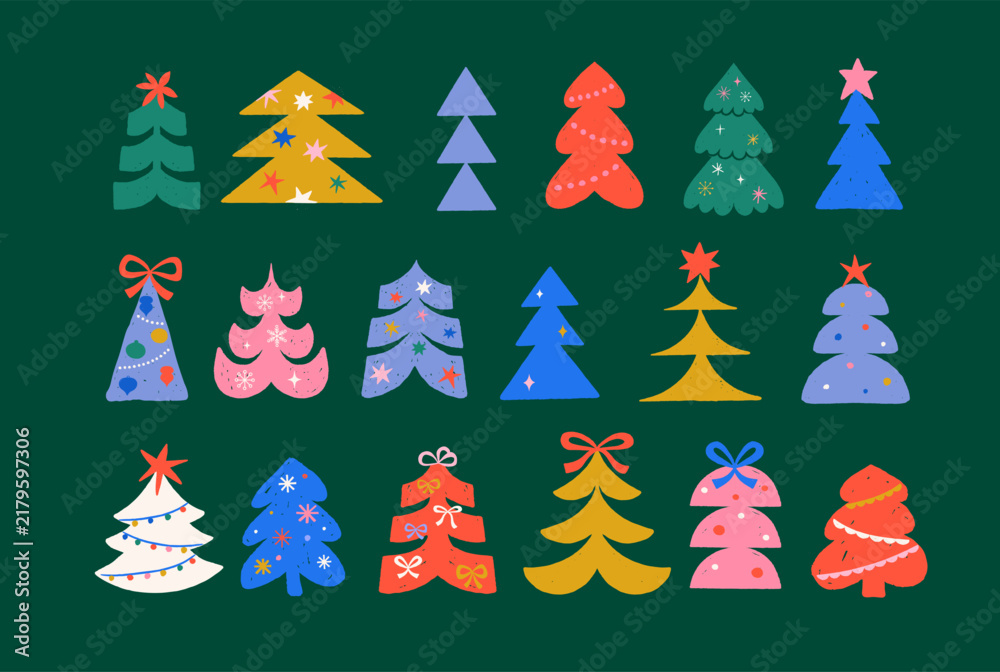 Obraz premium Colorful Christmas tree icon set in naive folk style. Childish hand drawn Christmas elements with stars, ornaments, snowflakes and festive patterns