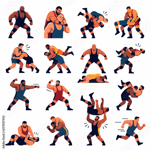 Wrestlers performing various grappling and combat sports moves