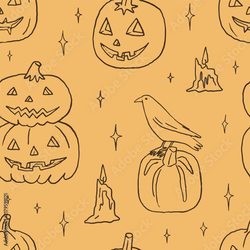 Happy Halloween  jack-o-lantern line art seamless pattern. Cute and creepy whimsical background with carved pumpkins. Hand drawn vector pattern design for digital wallpapers, wraping paper, textile