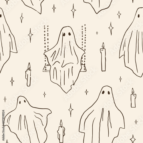Haunted Halloween line art seamless pattern with ghosts. Cute and creepy whimsical background. Hand drawn vector pattern design for digital wallpapers, wraping paper, textile