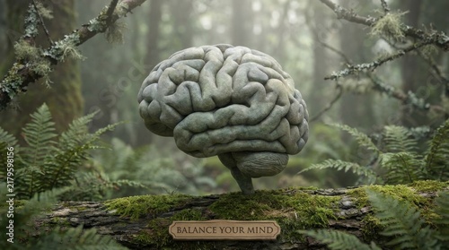 Brain Shaped Mossy Stone Tree Sculpture Growing in Lush Misty Forest