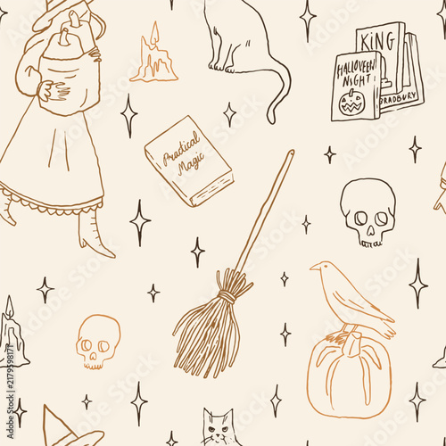 Witchy Halloween line art seamless pattern. Modern witch girl essentials. Cute and cozy whimsical background. Hand drawn vector pattern design for digital wallpapers, wraping paper, textile