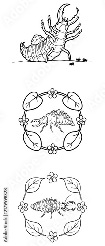 Stag Beetle Caterpillar Coloring Page with Flower Wreath Frame Cute Fantasy Bug Insect Illustration for Kids